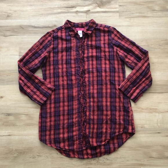 Betsey Johnson Red and Black Plaid Button Down Top - Picture 1 of 7